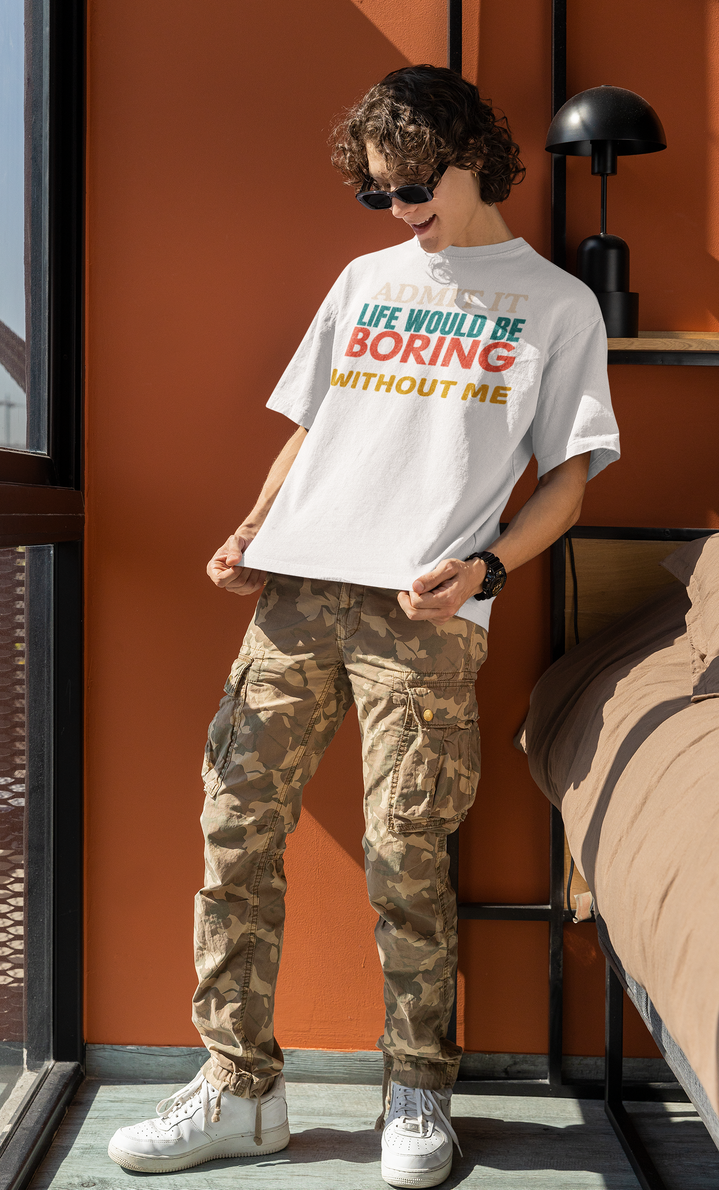 Oversized unisex t-shirt with bold sassy graphic print 'Admit It, Life Would Be Boring Without Me', 100% cotton 180 GSM, drop shoulder fit