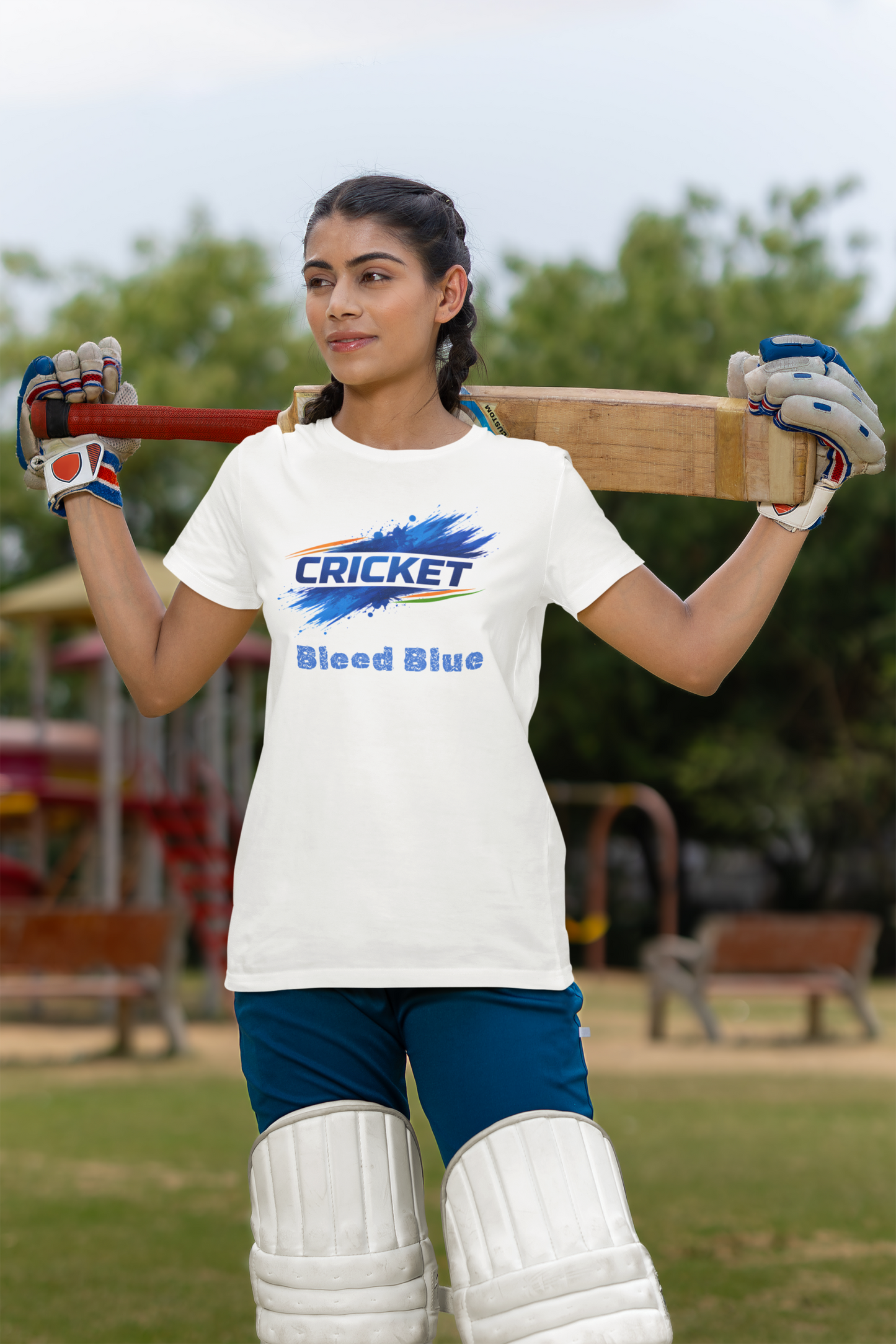Bleed Blue Cricket T-Shirt for Women | Indian Cricket Fan Graphic Printed T-Shirts | 100% Combed Cotton Round Neck Sports T-Shirt