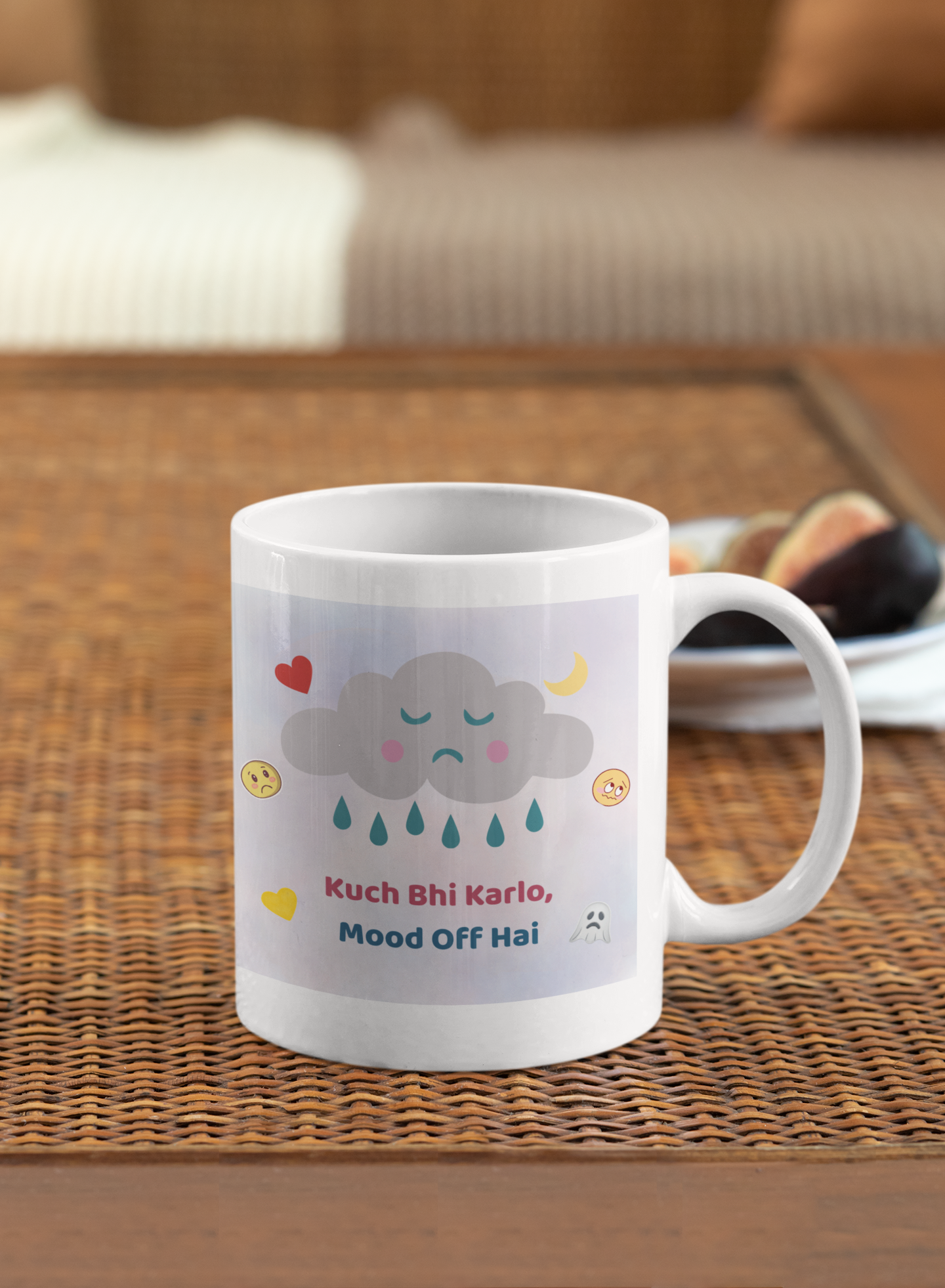 Cute sad cloud aesthetic mug with Hindi quote “Kuch Bhi Karlo Mood Off Hai” (11 oz)