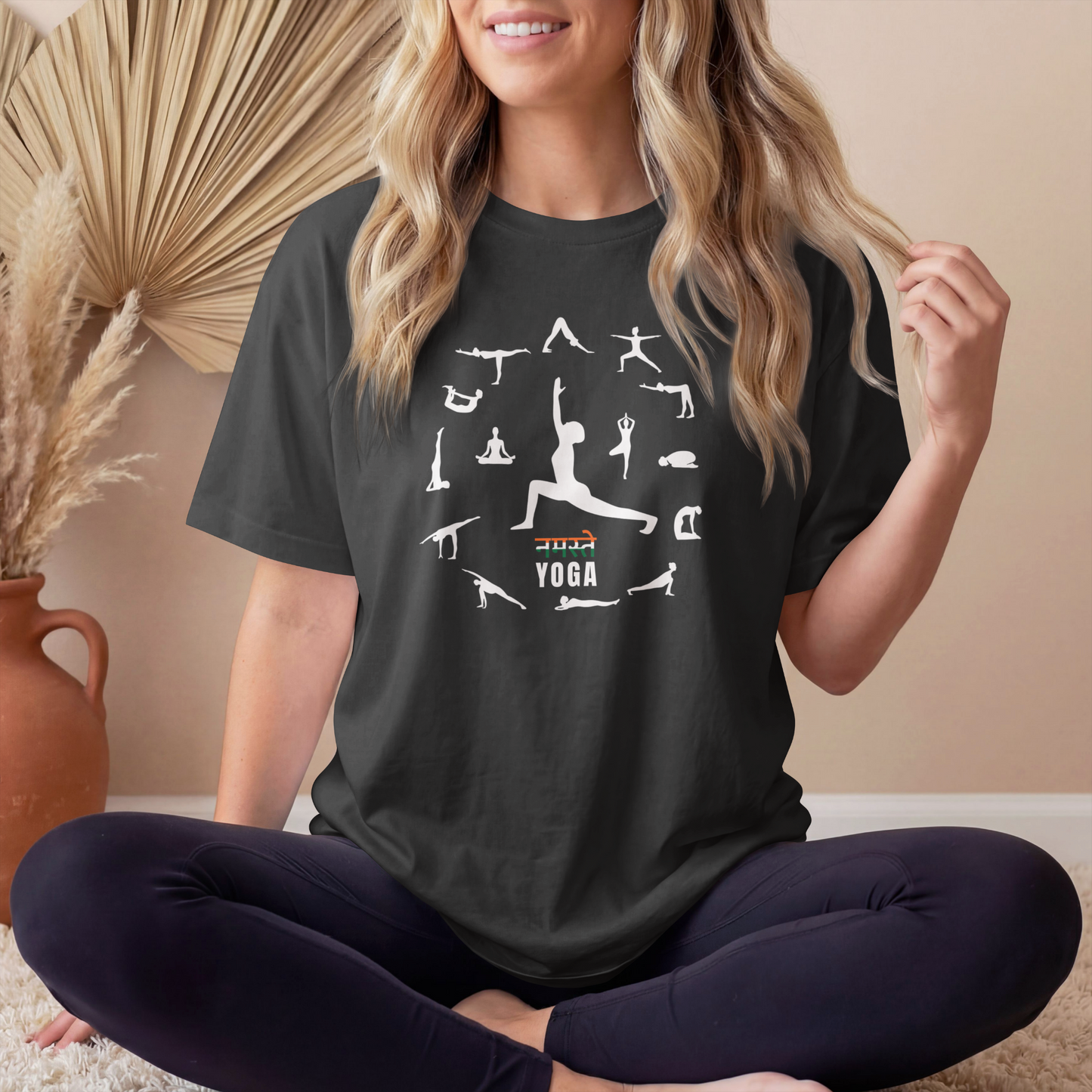 Women's Namaste Yoga Poses T-Shirt featuring yoga asanas graphic design on premium cotton tee