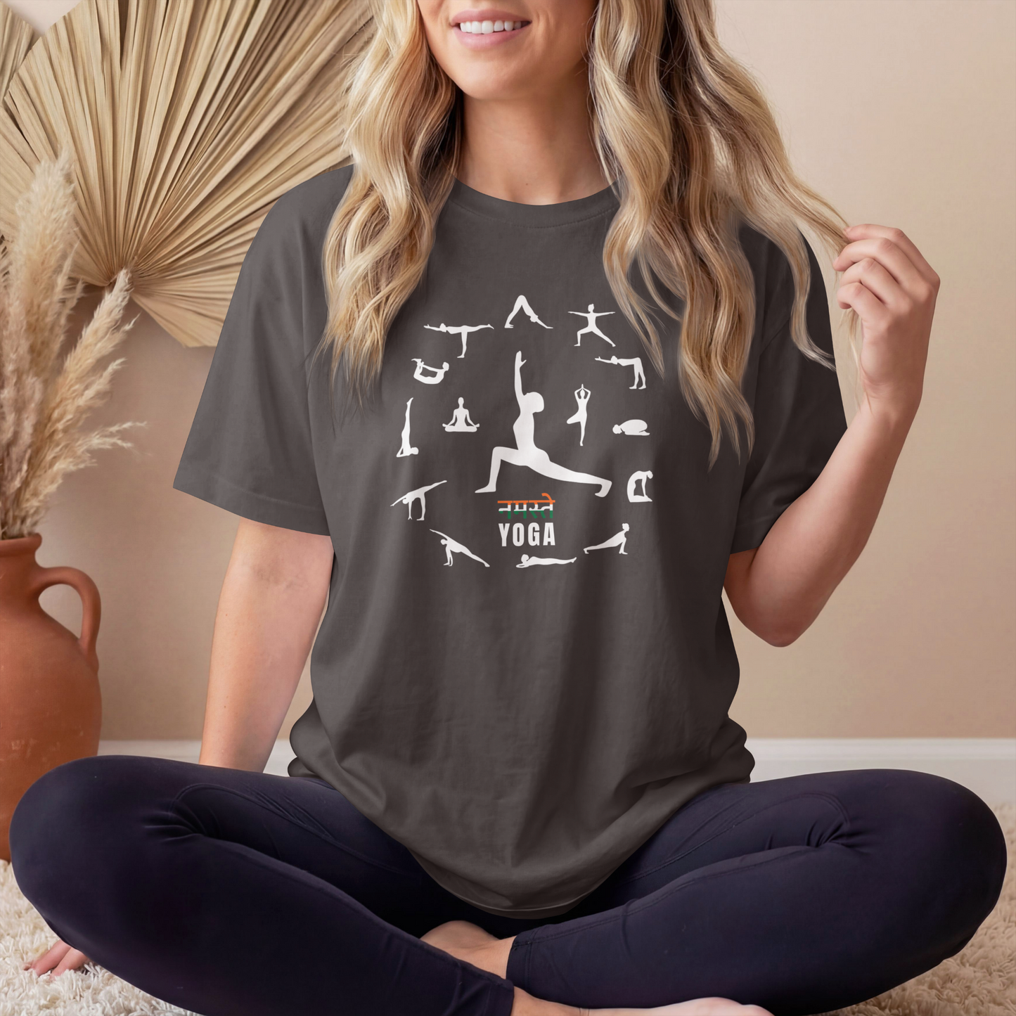Women's Namaste Yoga Poses T-Shirt featuring yoga asanas graphic design on premium cotton tee
