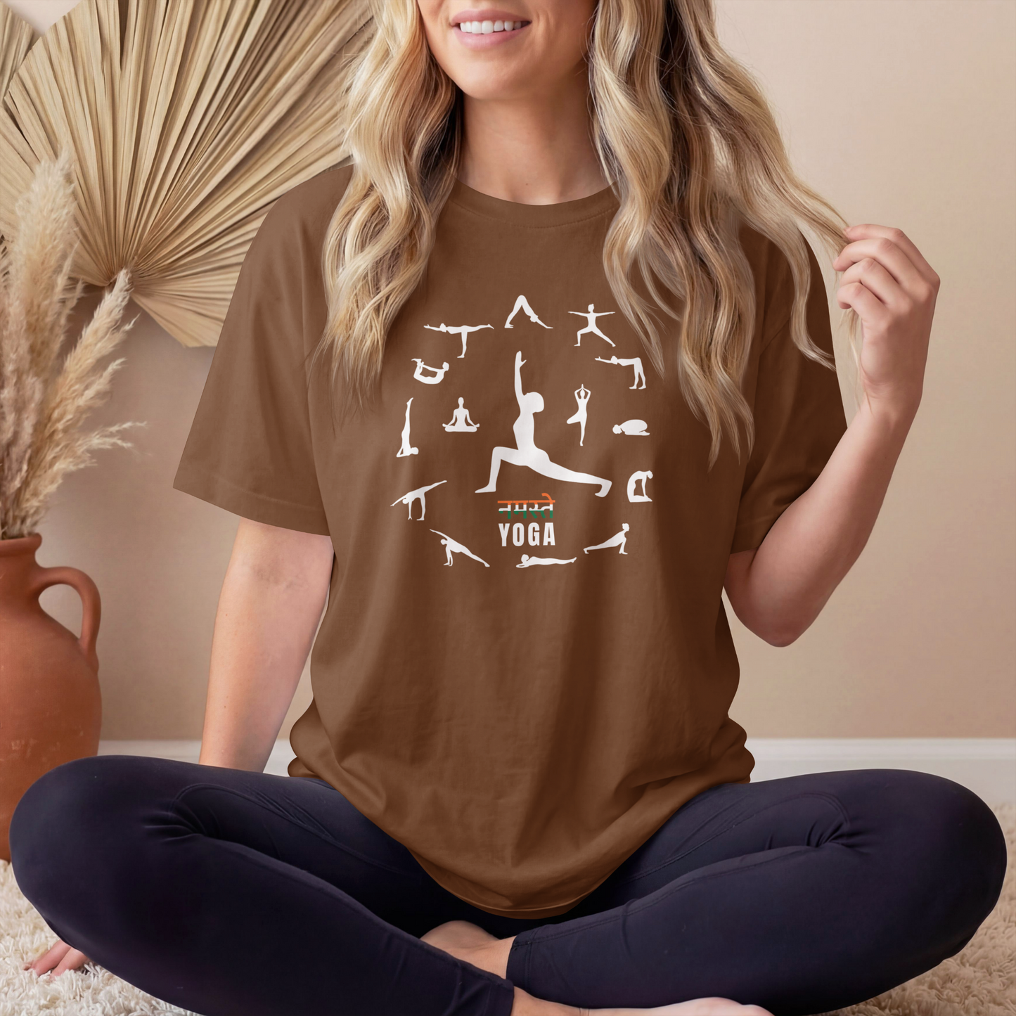 Women's Namaste Yoga Poses T-Shirt featuring yoga asanas graphic design on premium cotton tee
