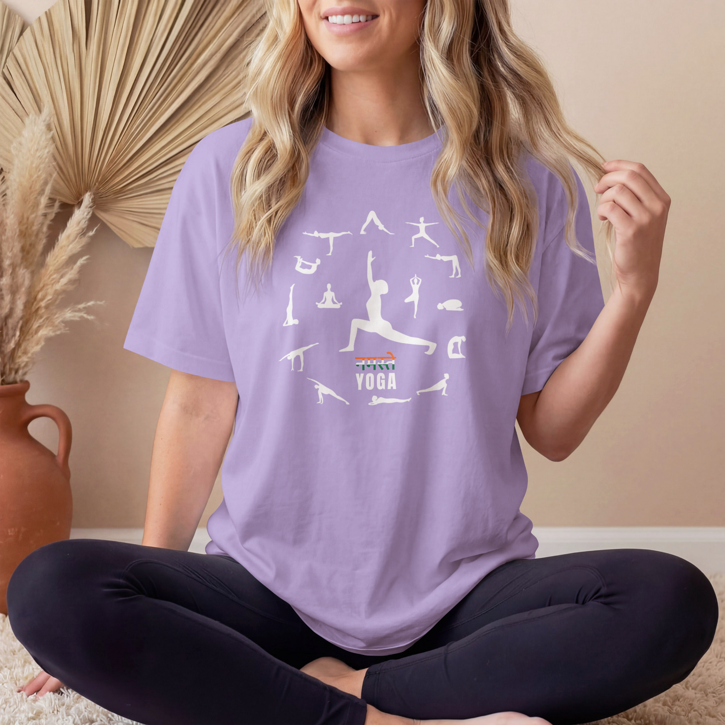 Women's Namaste Yoga Poses T-Shirt featuring yoga asanas graphic design on premium cotton tee