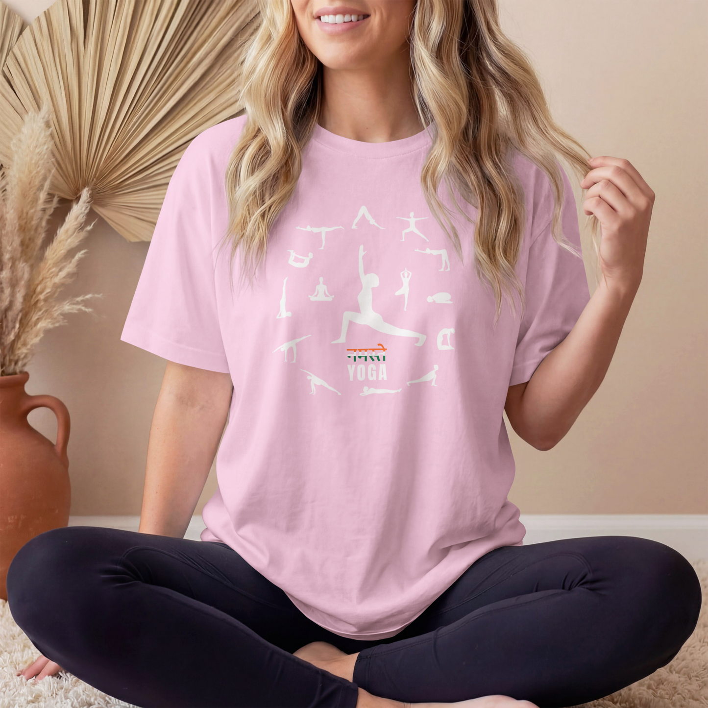 Women's Namaste Yoga Poses T-Shirt featuring yoga asanas graphic design on premium cotton tee