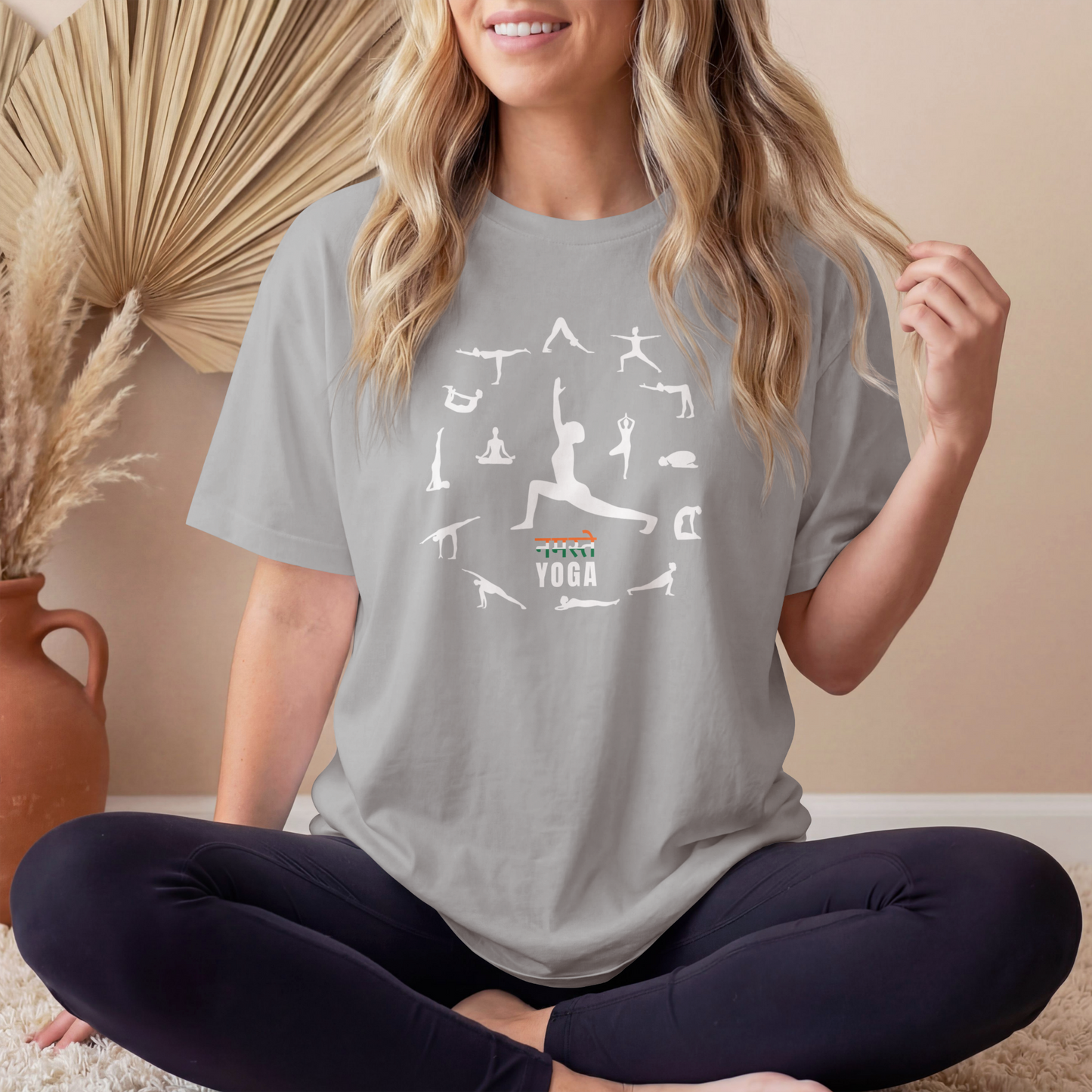 Women's Namaste Yoga Poses T-Shirt featuring yoga asanas graphic design on premium cotton tee