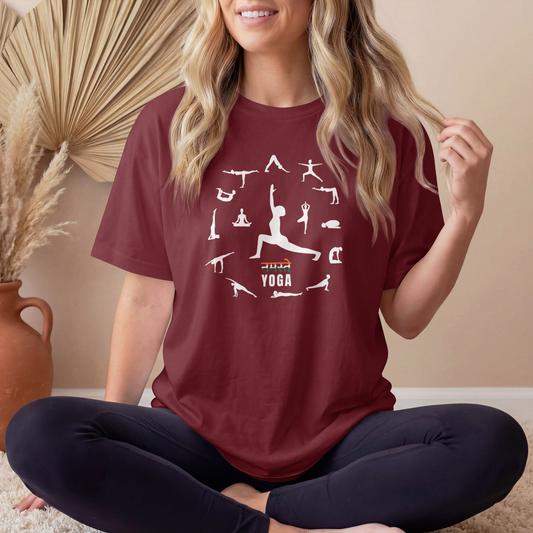 Women's Namaste Yoga Poses T-Shirt featuring yoga asanas graphic design on premium cotton tee