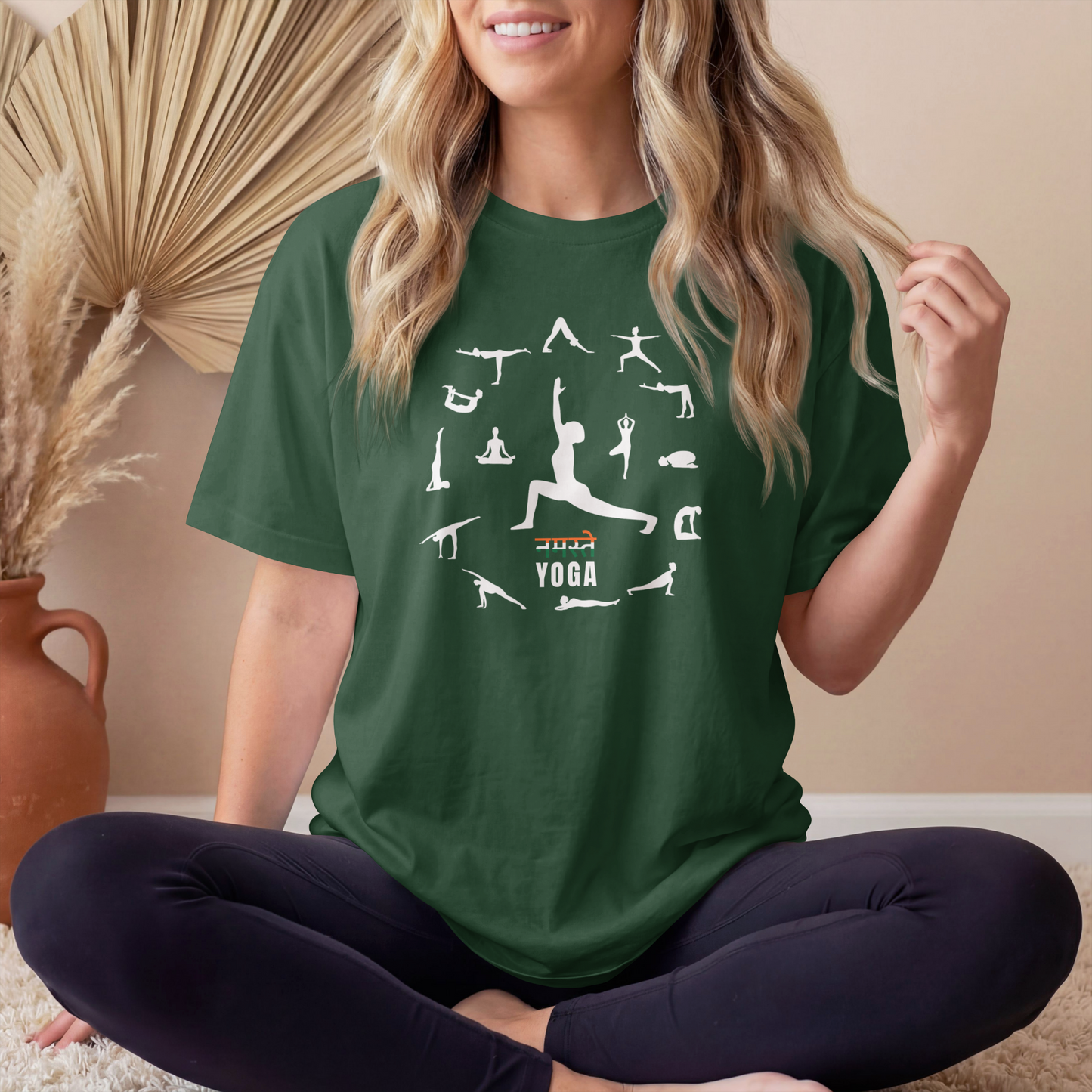 Women's Namaste Yoga Poses T-Shirt featuring yoga asanas graphic design on premium cotton tee